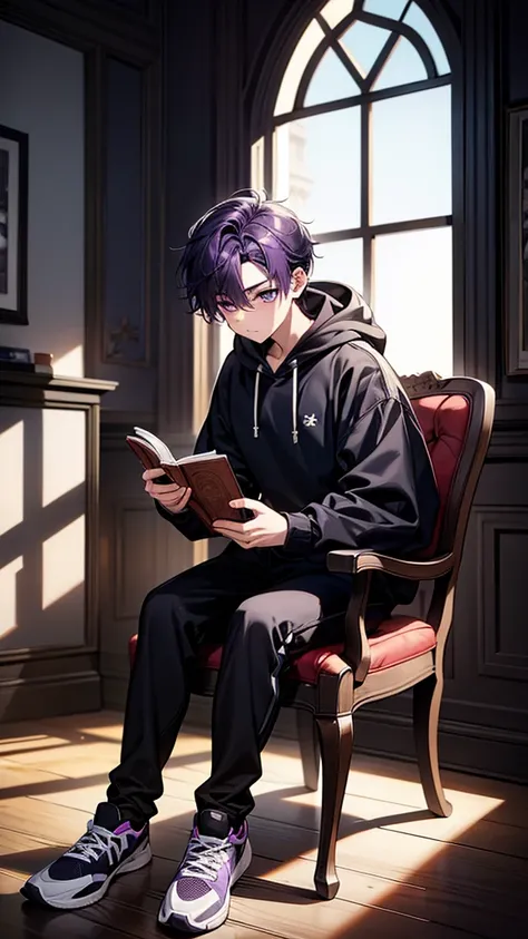  1boy, reading a book, holding a a cup of tea, wearing hoodie, sitting cross your leg, behind you there is a window, wear black sport shoes, purple hair, fullbody, look at you, body facing forward, single chair, the window will have a crack as well to fit ...