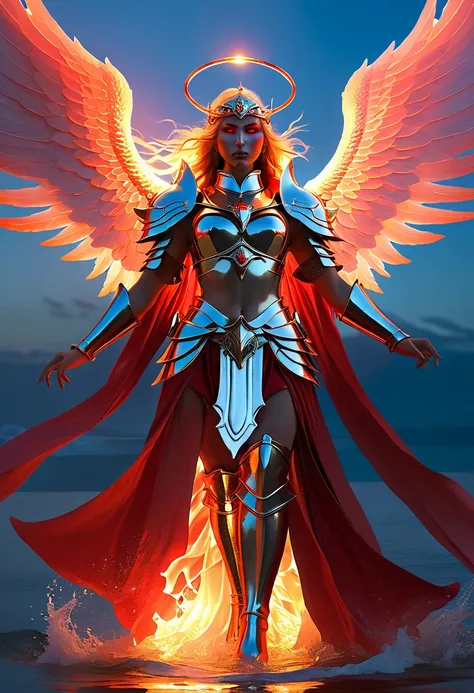 Atlantean warriors, Hedra, emerges as a luminary shining angel with wings and a sea of fire and a red light reaching below, through the eyes of a human, Peter Mohrbacher, Raphaelite medieval, fantasy, artstation --ar 16:9 --uplight --no text