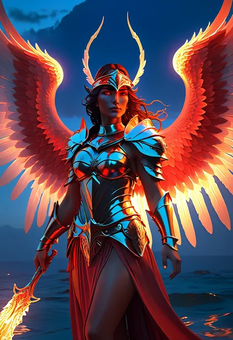 atlantean warriors, hedra, emerges as a luminary shining angel with wings and a sea of fire and a red light reaching below, thro...