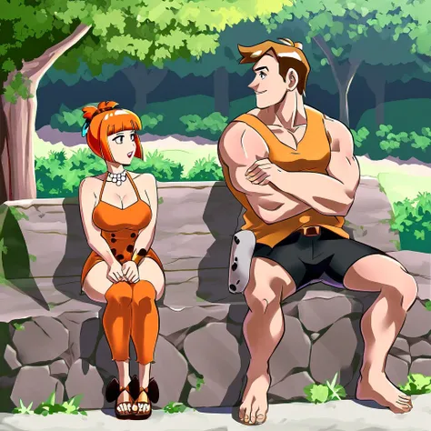 Fred and Wilma Flintstone sitting on a stone bench in the park