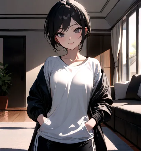 1 girl, tomboy, slim, beautiful, tall, attractive, ((short black hair))((black hair)), ((black eyes)), ((Girl wears: ((white shirt)), ((black jacket)), ((black gym short)))), ((living room)), looking at viewer, smiling warmly, hands in pocket, 8k, masterpi...