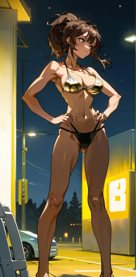 Masterpiece, best quality, Masterpiece, best quality, 1 woman, brown hair ponytail , sly face , smile , gold bikini , abdomen, big breasts , Long legs , Barefoot , hands on hips , parking lot , nighttime