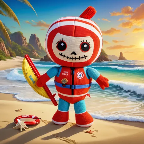 (knitted toy voodoo doll:1.2), (Voodoo Lifeguard:1.3), (Clothing: lifeguard uniform with wave patterns:1.0), (Accessories: enchanted rescue buoy, glowing whistle, magical sunscreen:1.2), (background: sunny beach with floating waves, glowing sand, and mysti...