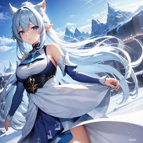 A detailed image of the character Eula from Genshin Impact, with elf ears, walking in a snowy landscape. 
Eula is wearing her signature outfit, with blue and white details, and your blue hair is blowing in the wind. 
The snow around her shines in the sunli...