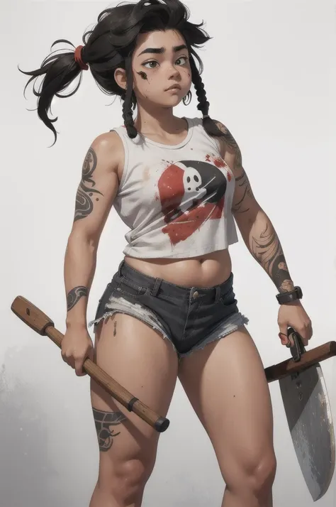  16 year old with very loose street style clothes and white skin, short black dreads in hair and holding an ax with wooden handle, a little chubby with just a tattoo on her left arm, wound with a lot of blood