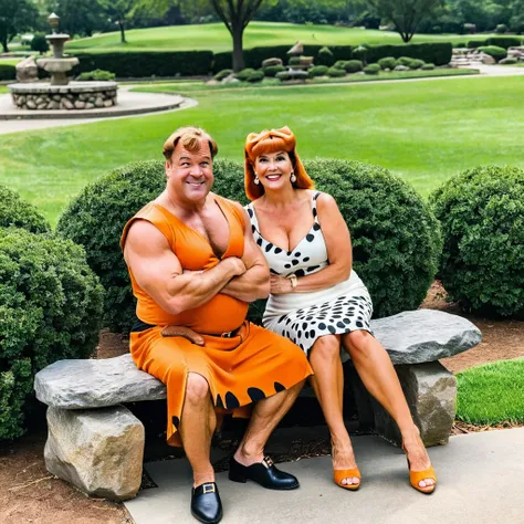 Fred and Wilma Flintstone sitting on a stone bench in the park