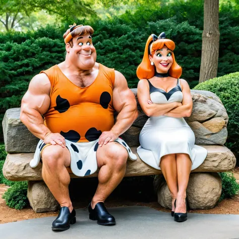 Fred and Wilma Flintstone sitting on a stone bench in the park