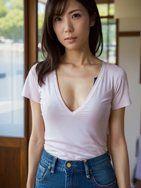 ((Highest quality, 8K, Ultra high definition)), ((masterpiece: 1.3)), (Perfect appearance), (Photorealism: 1.6), (AIF), (Portrait of a Japanese mature woman), (Japanese mature woman standing at the door), (Blurred Background: 1.8), ((A naked woman standing...