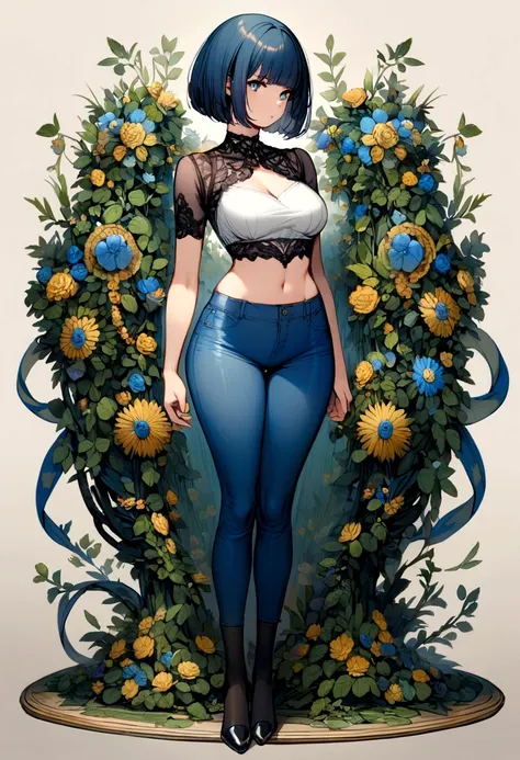 one woman, bob cut, short hair, white crop top, short blue jeans, black pantyhose, full body, standing