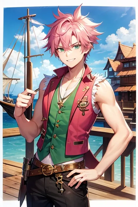 pink hair, male, teenager, handsome male, spiky hair, green eyes, sleeveless vest, open vest, proud smile, wooden deck, pirate ship, outside, no undershirt 