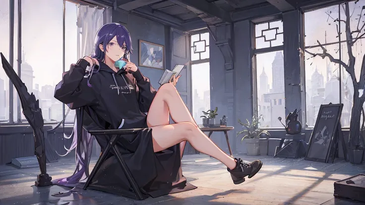  1male, reading a book, holding a a cup of tea, wearing hoodie, sitting cross your leg, behind you there is a window, wear black sport shoes, purple hair, fullbody, look at you, body facing forward, single chair, the window will have a crack as well to fit...