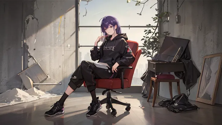  1male, reading a book, holding a a cup of tea, wearing hoodie, sitting cross your leg, behind you there is a window, wear black sport shoes, purple hair, fullbody, look at you, body facing forward, single chair, the window will have a crack as well to fit...