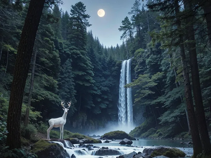 Beautiful forest, detailed image of a male white deer with large horns, moonlit night, waterfall in the valley, masterpiece, detailed moon, detailed expression