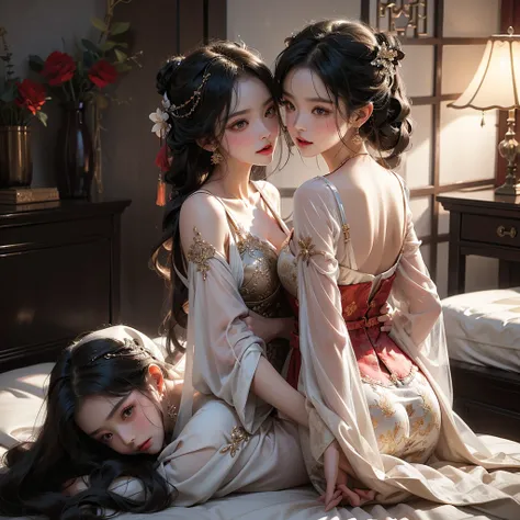 In this best quality masterpiece, captured in highres, we see three noble girls in a luxurious chambers bedroom background. They are lying on a bed, their bodies intertwined intimately as they engage in passionate acts of love. Shot from behind, we witness...