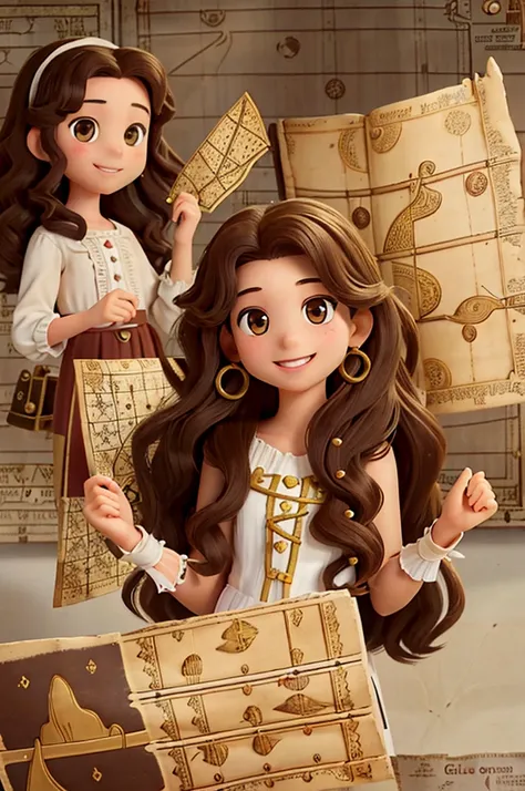 , 18 years old, shoulder-length curly brown hair, bright brown eyes, happy and smiling, very smart. with her and her mother with long curly hair. ((((Girl finds an old treasure map.))))