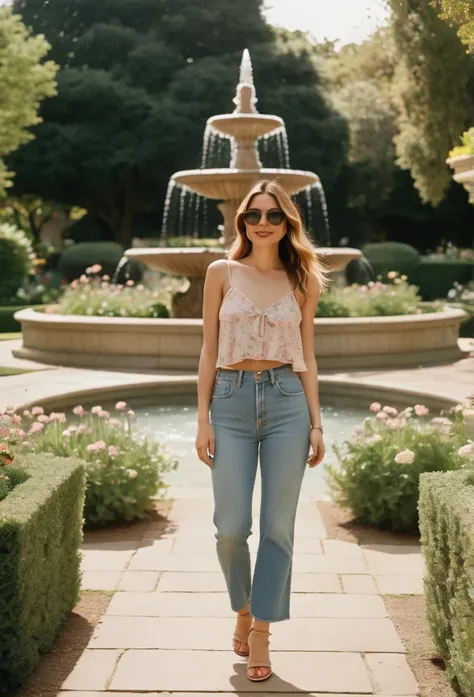 A woman with long hair, styled in soft waves, stands in a picturesque garden near a fountain, dressed in 1999 fashion. She wears a simple yet chic outfit consisting of a spaghetti strap tank top and flared jeans, both in pastel colors typical of the late 9...