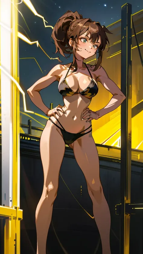 Masterpiece, best quality, Masterpiece, best quality, 1 woman, brown hair ponytail , sly face , smile , gold bikini , abdomen, big breasts , Long legs , Barefoot , hands on hips , electricity post , nighttime