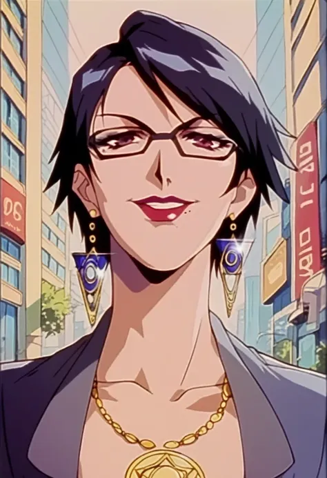 bayonetta, milf, city background, naughty smile