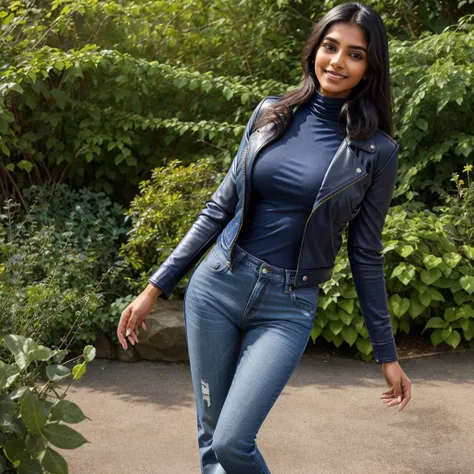 25 years old Indian girl , perfect breasts, extreme beautiful face, perfect body with  feminine curves,(open leather jacket:1.25), (navy blue turtleneck long sleeve slim top:1.1), ( blue  jeans:1.2), bright smile , look at viewer, garden  background ,casua...