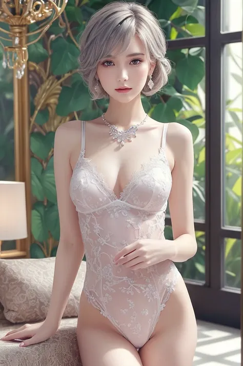 purple lace thong&Good, (((Very elegant and beautiful, Perfect detail, Super detailed))), whole body, The most detailed girl, Depth of written boundary, 美しく詳細なwhole body, Thin legs, 1 girl, 30 years old, Very short hair, Spiked Hair, Gray and silver hair, ...