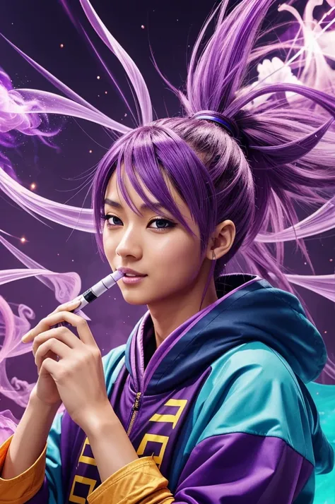 A Waza-style anime character from Sacrymovie holding a vape and exhaling purple vapor. The character has a relaxed expression and the background is colorful and vibrant, with elements of urban culture. This image will be used for a store that sells vapes."