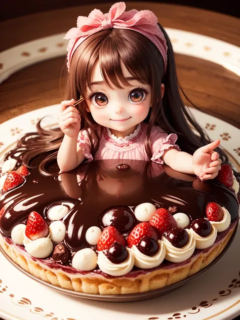 Best picture quality, detailed eyes, long eyelashes, delicious looking parfait on table full of strawberries and chocolate, little 5 year old girl sitting in chair laughing and eating parfait, happy smile, great smile, chibi character, super deformed, very...