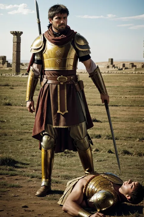 A Roman legionnaire leaned over the battlefield after the battle