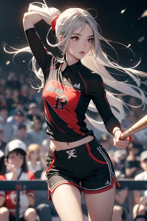 （Highest quality, Amazing visuals, High resolution, High resolution）、（A tall, slim beauty with long limbs）（Slim waist）（The field watched by spectators）、（Swing a baseball bat to hit a baseball）（Asian beauty baseball player）, （Female Baseball Players）, Black...