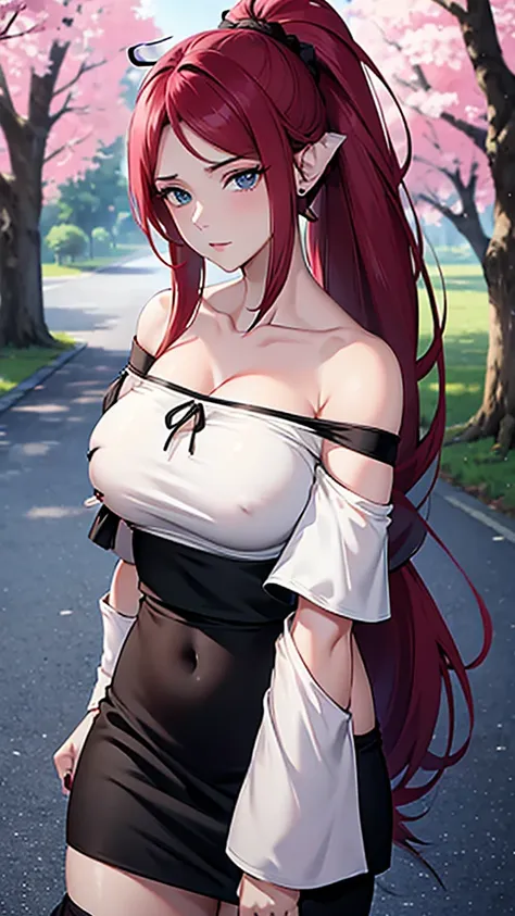 best quality, highres,uzumaki_kushina,Slender、small face、blue eyes、tall、In town、long hair、ponytail,(white short sleeve t-shirt:1.4 BREAK)、(black skirt:1.2)、(beautiful woman:1.6)、25 years old、Mature、midriff peek,(off-the-shoulder:1.9)、(I can see the cleavag...