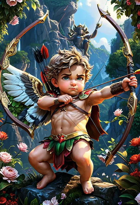 (Archer, bow and arrow), winged Cupid, cute baby, myth, full body, (Photography), panoramic view, award-winning, cinematic still, emotional, vignette, dynamic, vivid, (masterpiece, best quality, Professional, perfect composition, very aesthetic, absurdres,...