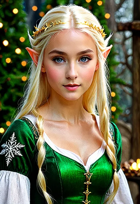 Create a blonde elf with two white streaks in her hair, no medieval time