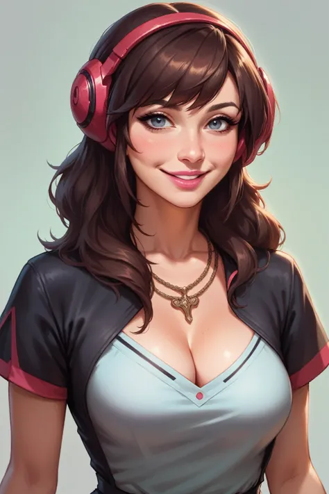 Brown Haired girl, red headphone in hair, blue-grey eyes, intense look, black eyeliner, brown necklace, cleavage, medium breast, pink lips, smiling, sweet girl. Grey background. Masterpiece, detailed, UHD