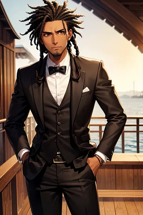 black hair, short-length dread locks, dark-skinned, brown eyes, male, handsome male, tuxedo, 1 male, wooden deck, pirate ship, solo, hand in pockets, smoking a cigarette, calm expression, neutral expression