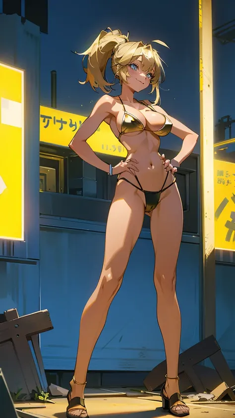 Masterpiece, best quality, Masterpiece, best quality, 1 woman , blue eyes , yellow ponytail , sly face , smile , gold bikini , abdomen, big breasts , Long legs , hands on hips , abandoned factory , at night