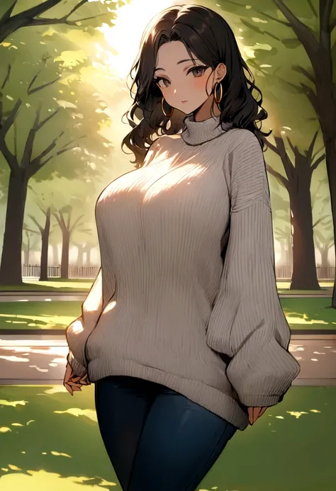 (masterpiece:1.2, best quality), 1lady, solo, upper body, big tits, Dark wash skinny jeans, oversized sweater, ankle boots, Loose waves, center part, simple hoop earrings, green Park