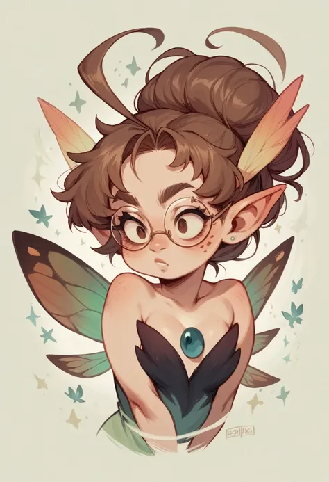 magic fairy with her wings, fat girl with small chichis, elongated mestiza type face  , with SQUARE glasses that are mixed color and VERY VERY SHORT full-body brown hair