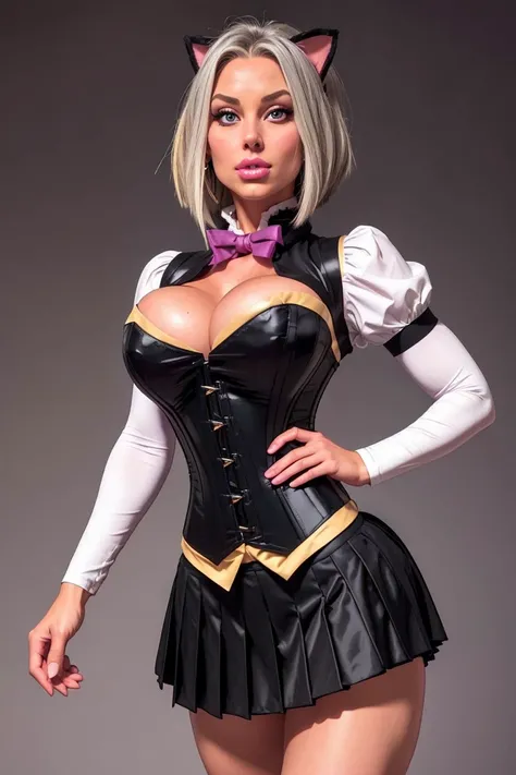 Girls, gray-haired, short-haired, yellow-eyed, fat breasts, cat hair ornament, sidelocks, gray-haired, shiny hair, uniform, (golden eyes: 1.2), (two long triangular extensions on the skirt, vest corset on the stomach), white buttons of the vest corset, (st...