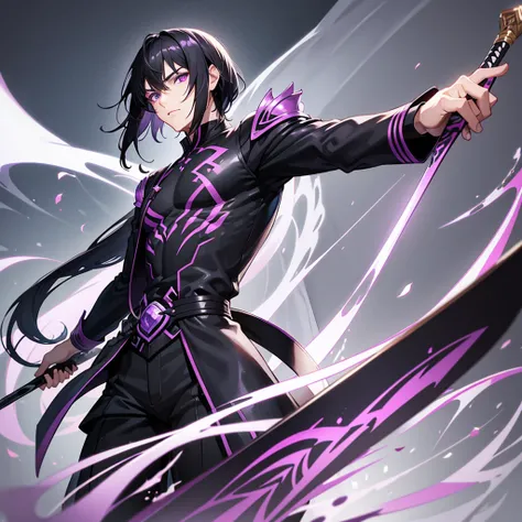 Male character with black hair and purple eyes and swords and black clothes 