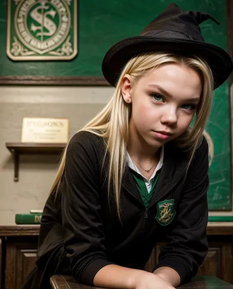 a beautiful teenage girl (Jordyn Jones), 16 year old, Slytherin house student, wearing a tight , leaning against a desk in a Hogwarts classroom, seductive expression, fantasy, magic, witchcraft, Hogwarts, detalied face, slim face, detailed eyes