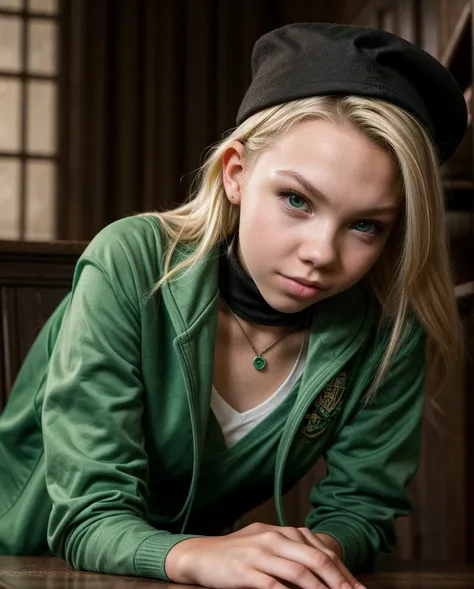 a beautiful teenage girl (Jordyn Jones), 16 year old, Slytherin house student, wearing a tight , leaning against a desk in a Hogwarts classroom, seductive expression, fantasy, magic, witchcraft, Hogwarts, detalied face, slim face, detailed eyes