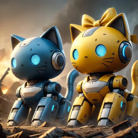 A blue cat-shaped robot and a yellow cat-shaped robot. Both have white pockets on their bellies. The yellow cat-shaped robot has a red ribbon.