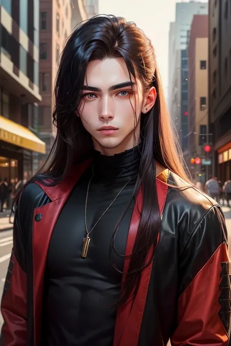 ((best qualityer)) young man with long, straight hair, dark red, almost black, like blood, green triangular eyes, urban style clothes, in the current era