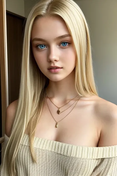 1 girl in, 19yearsold, standing alone, long hair, Colossal , gazing at viewer, hair blonde, bared shoulders, eyes browns, jewelry, whole body, a necklace, off the shoulders, Sweaters, realisitic, A sexy