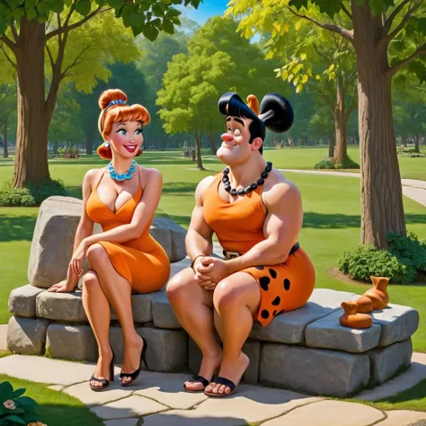 Fred and Wilma Flintstone sitting on a stone bench in the park