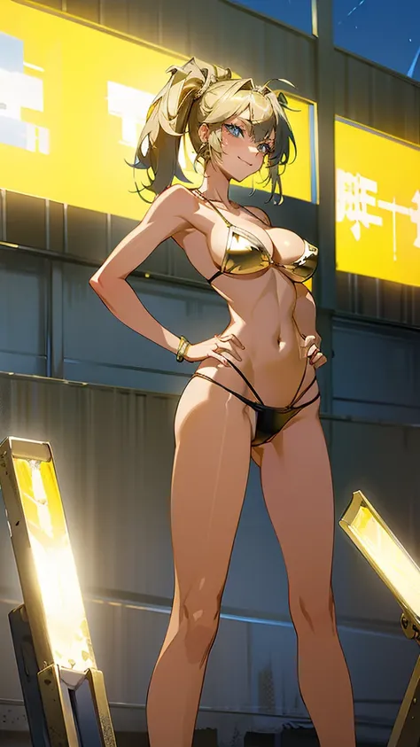 Masterpiece, best quality, Masterpiece, best quality, 1 woman , blue eyes , yellow ponytail , sly face , smile , gold bikini , abdomen, big breasts , Long legs , hands on hips , abandoned factory , at night , thunder power 