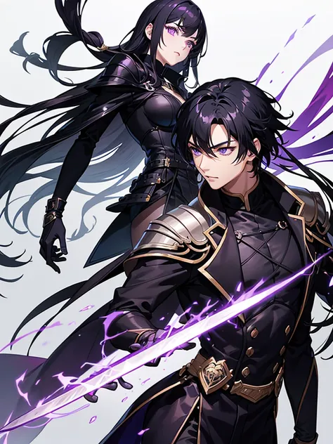 Male character with black hair and purple eyes and swords and black clothes 