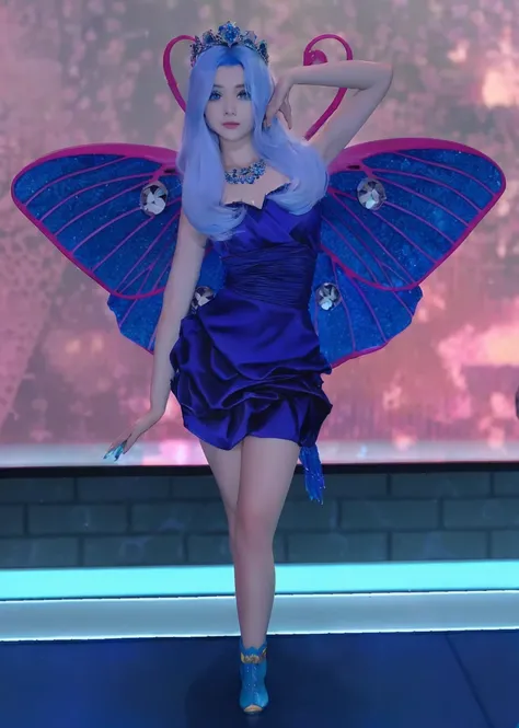  beautiful with blue eyes, long straight blue hair, blue crown on head, with blue butterfly wings, blue dress, skin fair, blue boot.