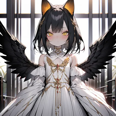 1 female、alone,medium hair、((black hair)),((yellow eyes))、cat ears,((big angel Wing)), Angel、white dress、From front、looking viewer、closed mouth,、beautiful skin、small face、highest quality、masterpiece、very detailed、malicious flow、