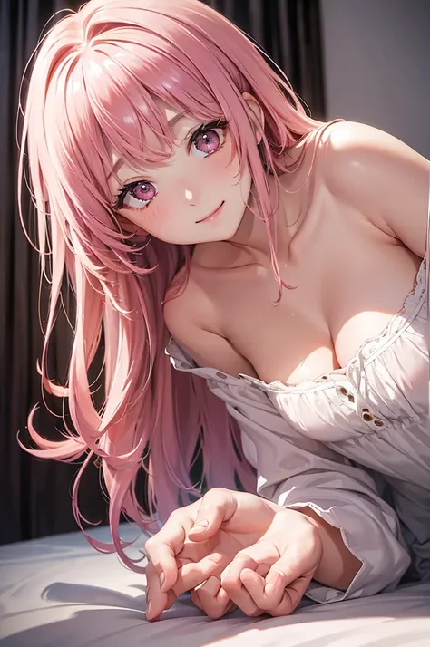 (Best Quality,High resolution,8K,finelity detailed background,Masterpiece:1.2),beautiful girl,Shiny pink hair,messy hair,Pink eyes,Gentle look,A refreshing look,Best quality,Best Quality,Aesthetic and aesthetic:1.2,Best details((Super detailed))(High-defin...