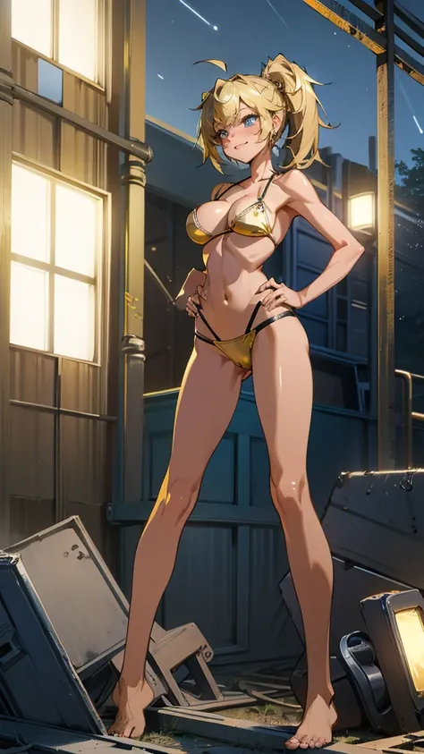 Masterpiece, best quality, Masterpiece, best quality, 1 woman , blue eyes , yellow ponytail , sly face , smile , gold bikini , abdomen, big breasts , Long legs , hands on hips , barefoots , abandoned factory , at night , thunder power 